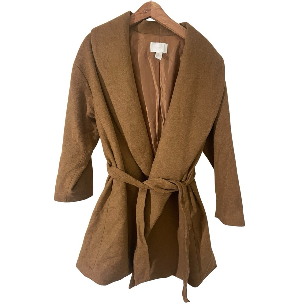 H&M Conscious Camel Brown Tan Wool Blend Belted Midi Coat Plus Size 16